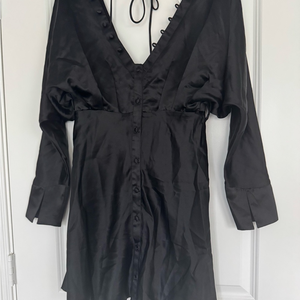 Asks Black Satin Button-Up Dress